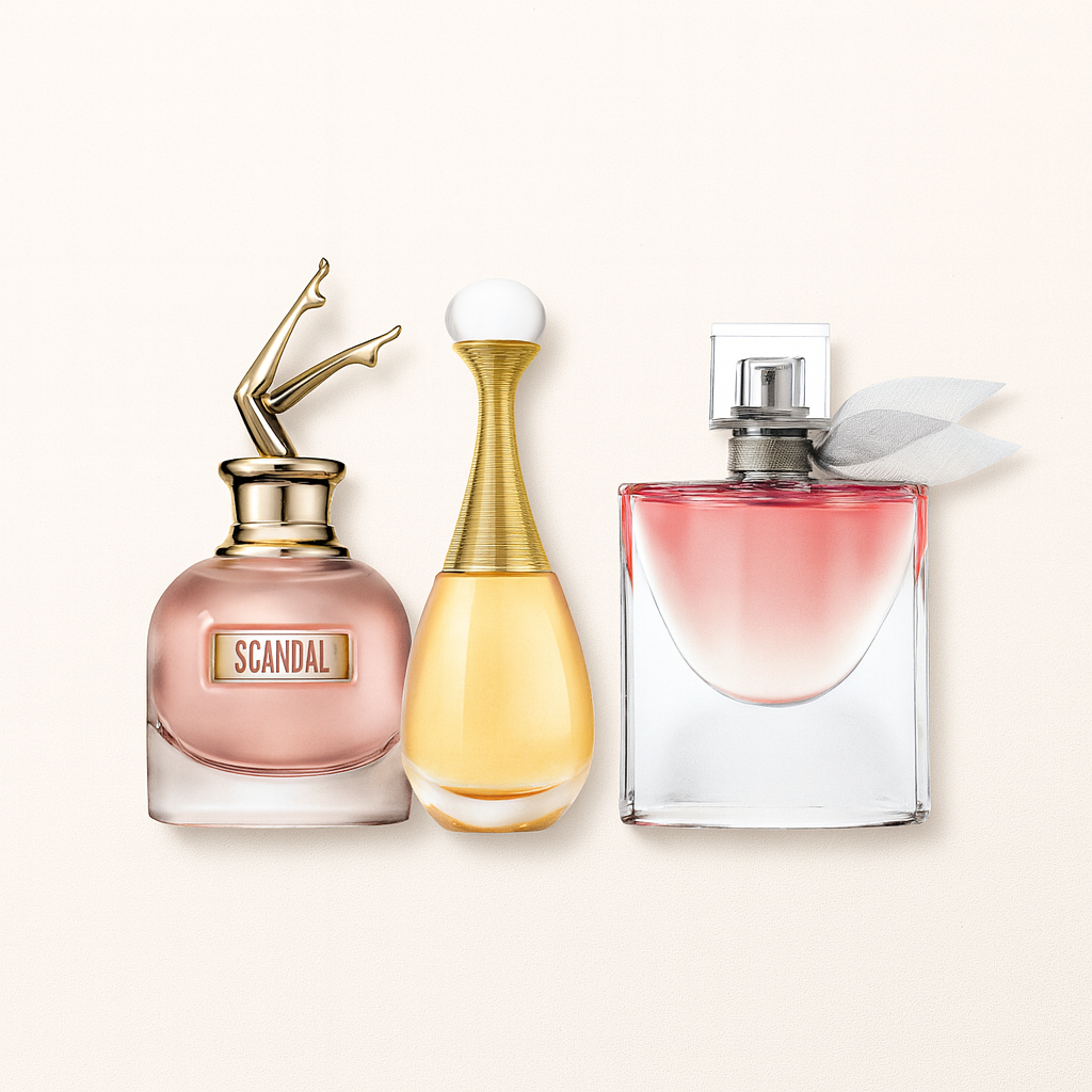 Combo de 3 perfumes Jean Paul Gaultier SCANDAL, Dior J'ADORE e Lancôme LA VIE EST BELLE 100ml
